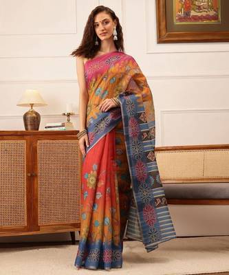 Mustard printed silk cotton ethnic saree with blouse piece 2
