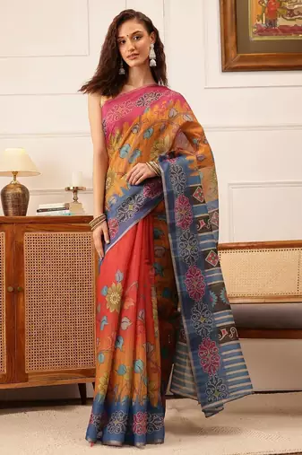 Mustard printed silk cotton ethnic saree with blouse piece