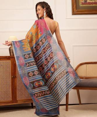 Mustard printed silk cotton ethnic saree with blouse piece 3