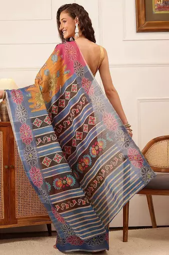 Mustard printed silk cotton ethnic saree with blouse piece