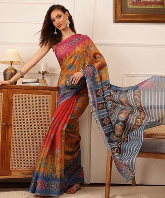 Mustard printed silk cotton ethnic saree with blouse piece 4