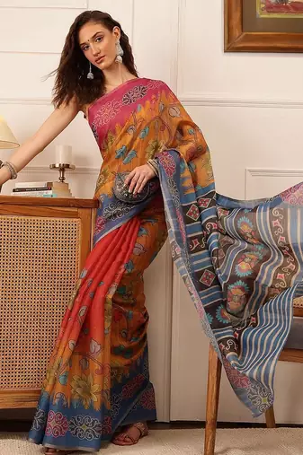 Mustard printed silk cotton ethnic saree with blouse piece