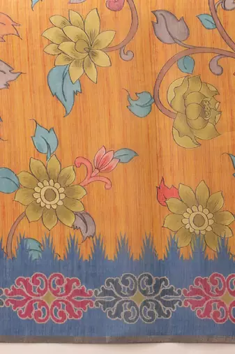Mustard printed silk cotton ethnic saree with blouse piece