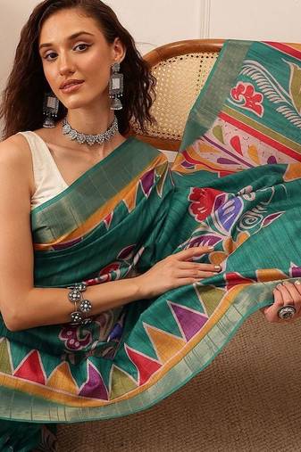Teal printed silk blend ethnic saree with blouse piece