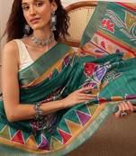 Teal printed silk blend ethnic saree with blouse piece