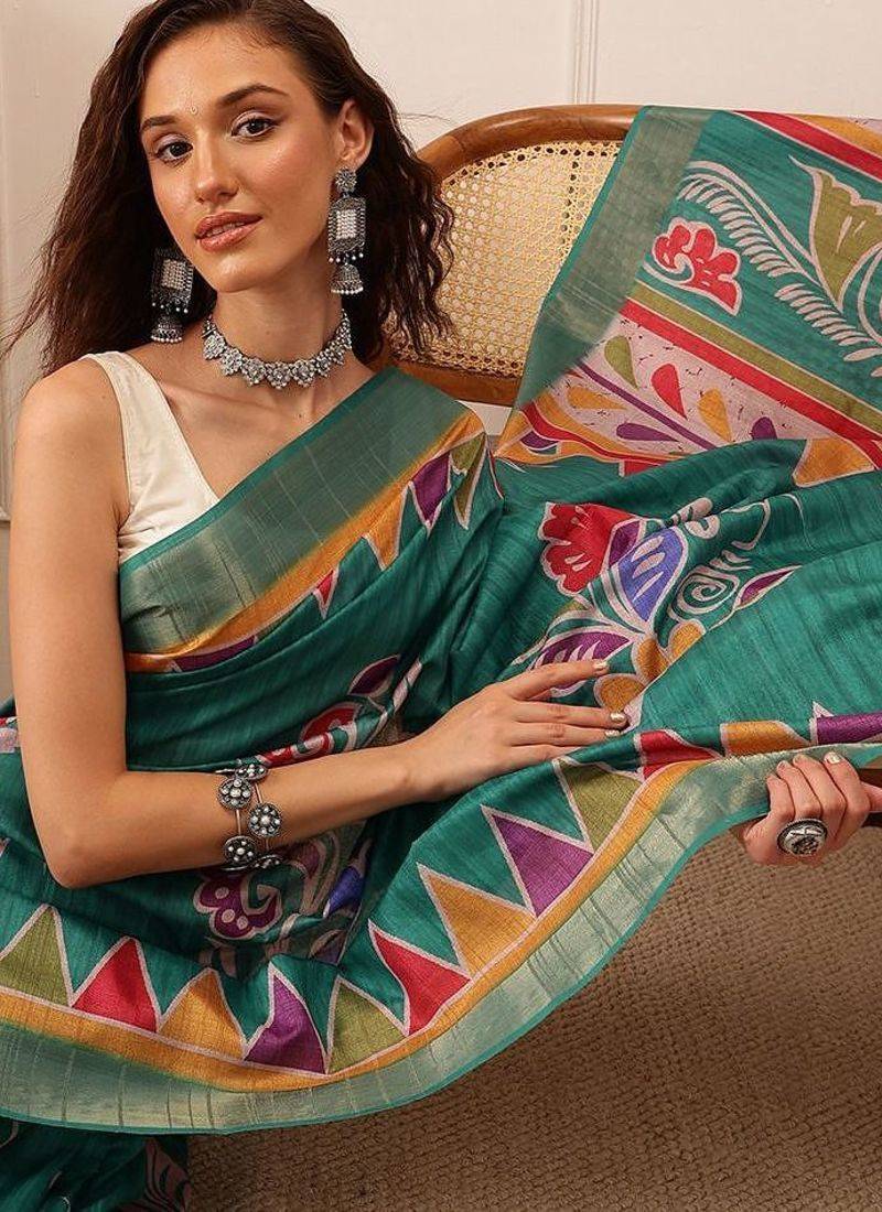 Teal printed silk blend ethnic saree with blouse piece