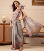 Grey printed silk cotton ethnic saree with blouse piece