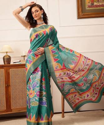Teal printed silk blend ethnic saree with blouse piece 2