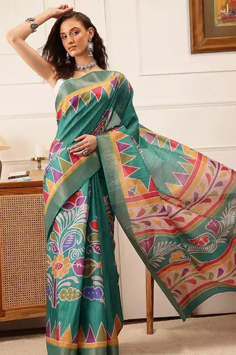 Teal printed silk blend ethnic saree with blouse piece