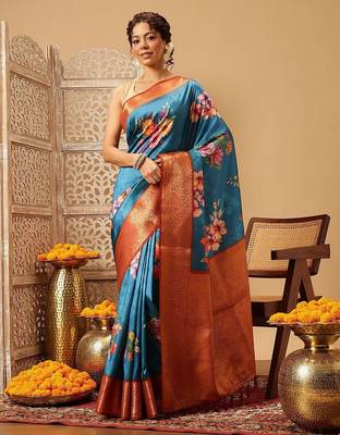Teal printed art silk ethnic saree with blouse piece 1