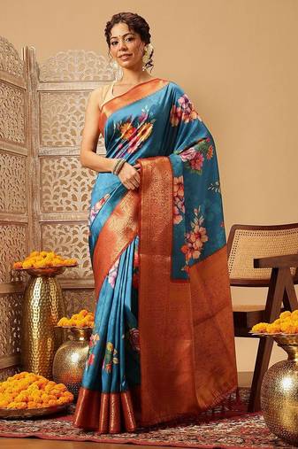 Teal printed art silk ethnic saree with blouse piece