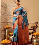 Teal printed art silk ethnic saree with blouse piece