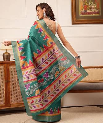 Teal printed silk blend ethnic saree with blouse piece 3