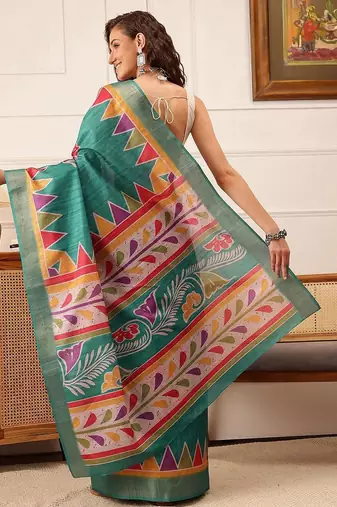 Teal printed silk blend ethnic saree with blouse piece