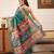 Teal printed silk blend ethnic saree with blouse piece
