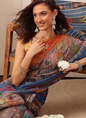 Grey printed silk cotton ethnic saree with blouse piece 1