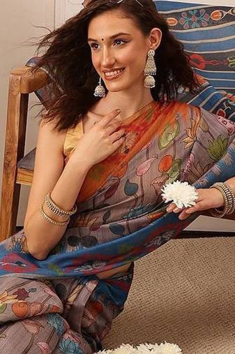 Grey printed silk cotton ethnic saree with blouse piece