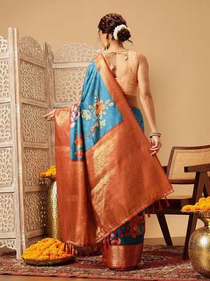 Teal printed art silk ethnic saree with blouse piece 2