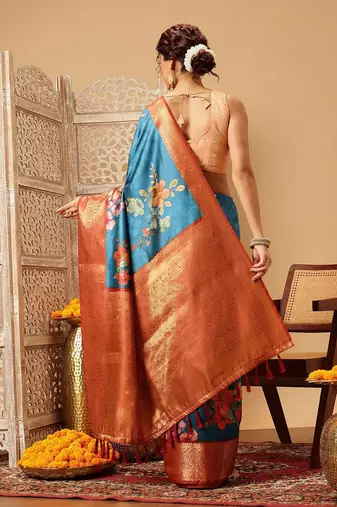 Teal printed art silk ethnic saree with blouse piece