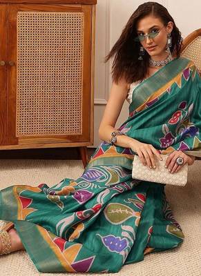 Teal printed silk blend ethnic saree with blouse piece 4