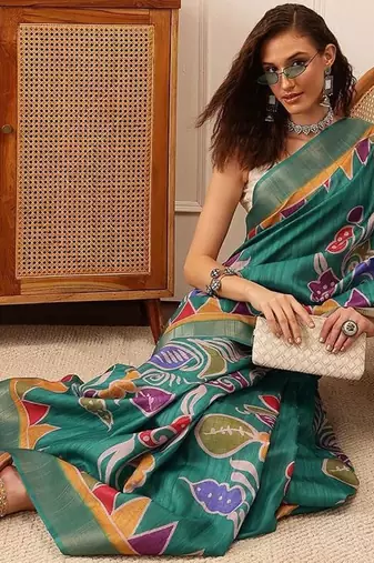 Teal printed silk blend ethnic saree with blouse piece