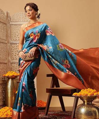 Teal printed art silk ethnic saree with blouse piece 3