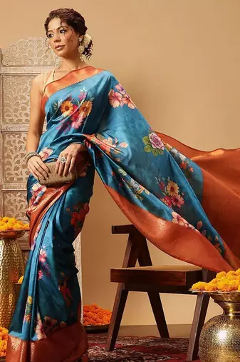Teal printed art silk ethnic saree with blouse piece