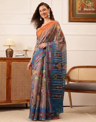 Grey printed silk cotton ethnic saree with blouse piece 2