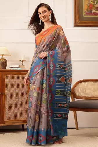 Grey printed silk cotton ethnic saree with blouse piece