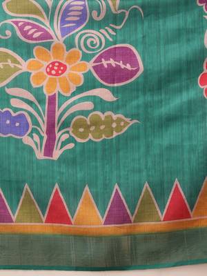 Teal printed silk blend ethnic saree with blouse piece 5