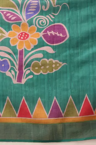 Teal printed silk blend ethnic saree with blouse piece