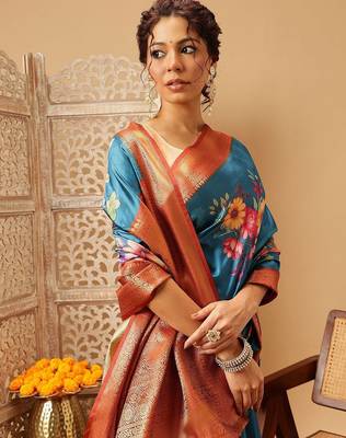 Teal printed art silk ethnic saree with blouse piece 4