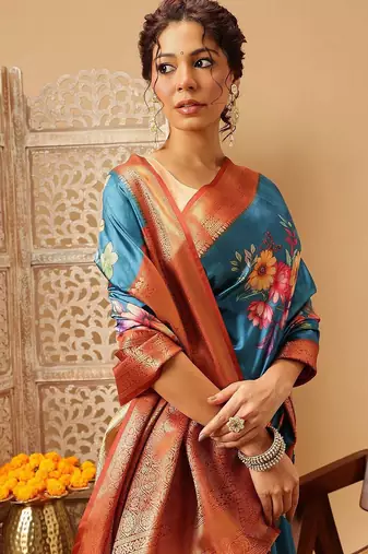 Teal printed art silk ethnic saree with blouse piece