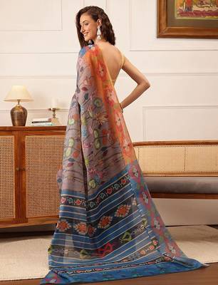 Grey printed silk cotton ethnic saree with blouse piece 3