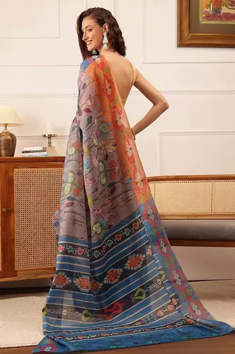 Grey printed silk cotton ethnic saree with blouse piece