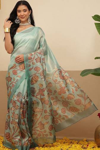 Sea green printed tissue traditional saree with blouse piece