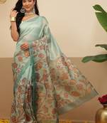 Sea green printed tissue traditional saree with blouse piece