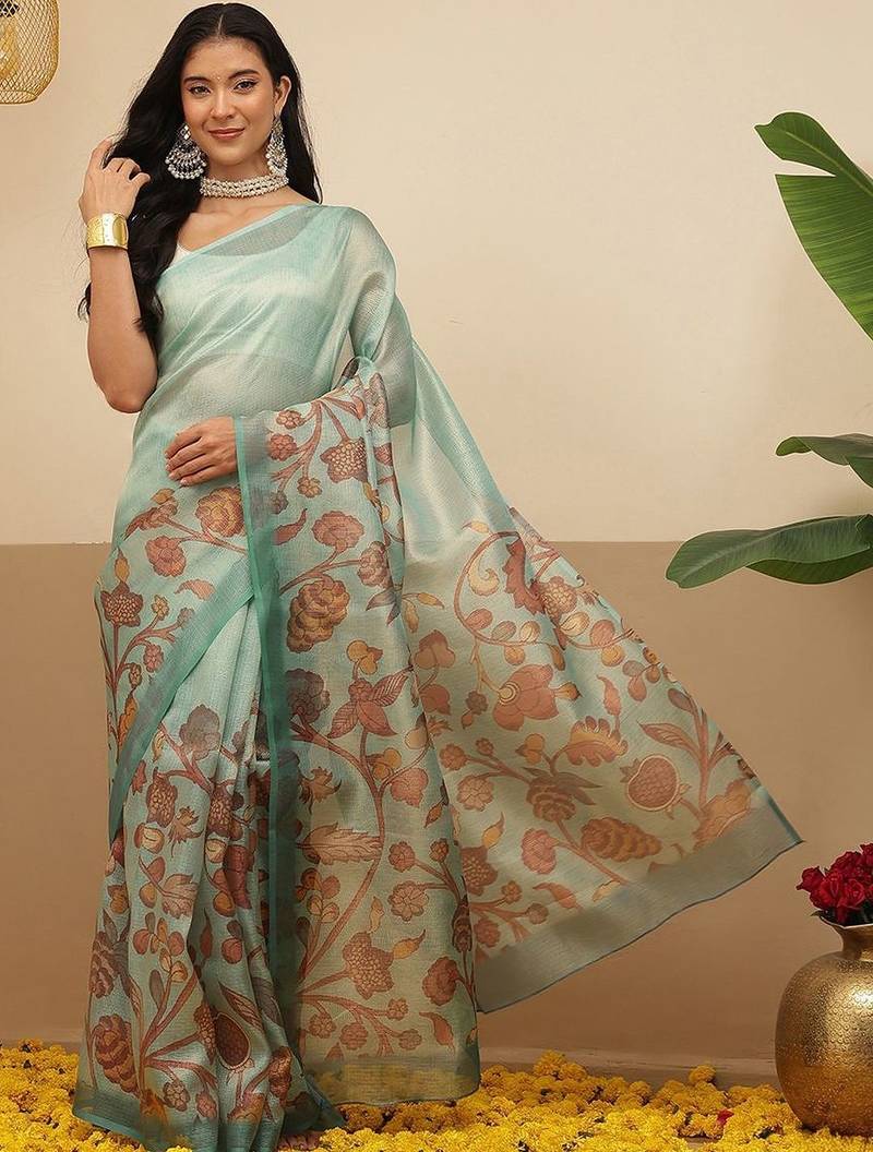 Sea green printed tissue traditional saree with blouse piece