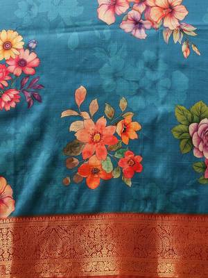 Teal printed art silk ethnic saree with blouse piece 5