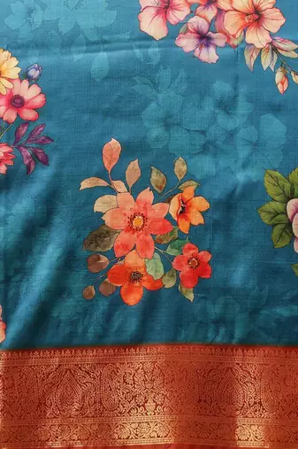 Teal printed art silk ethnic saree with blouse piece