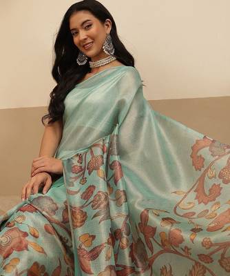Sea green printed tissue traditional saree with blouse piece 2