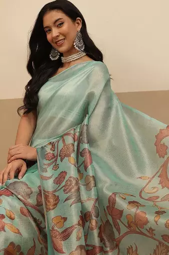 Sea green printed tissue traditional saree with blouse piece