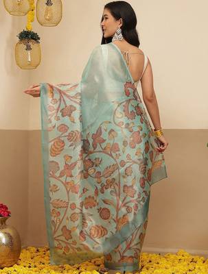 Sea green printed tissue traditional saree with blouse piece 3
