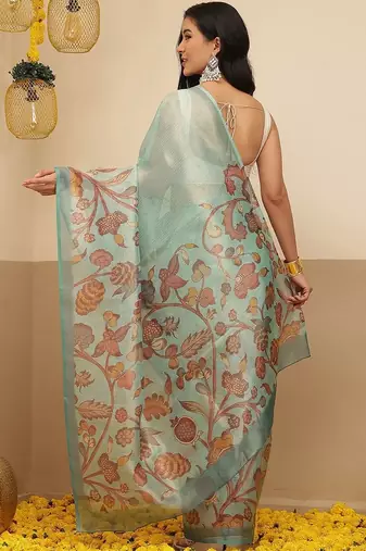 Sea green printed tissue traditional saree with blouse piece