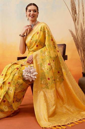 Yellow woven pure cotton ethnic saree with blouse piece