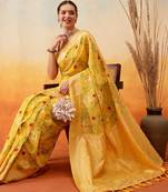 Yellow woven pure cotton ethnic saree with blouse piece