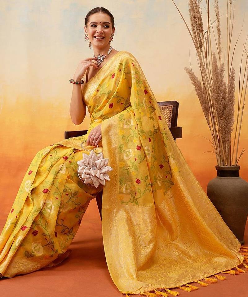 Yellow woven pure cotton ethnic saree with blouse piece