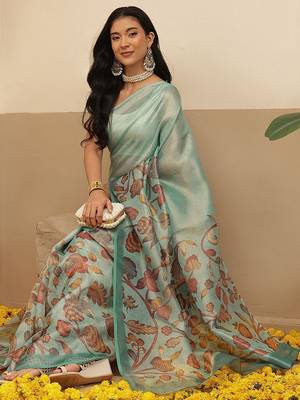 Sea green printed tissue traditional saree with blouse piece 4