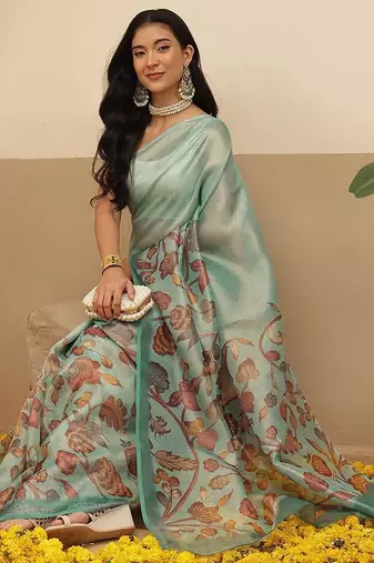 Sea green printed tissue traditional saree with blouse piece