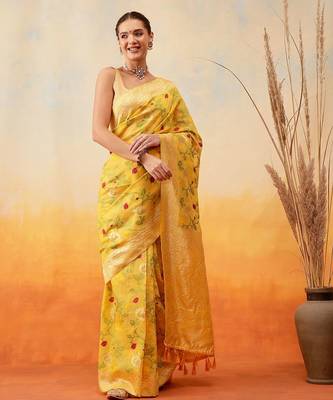 Yellow woven pure cotton ethnic saree with blouse piece 2
